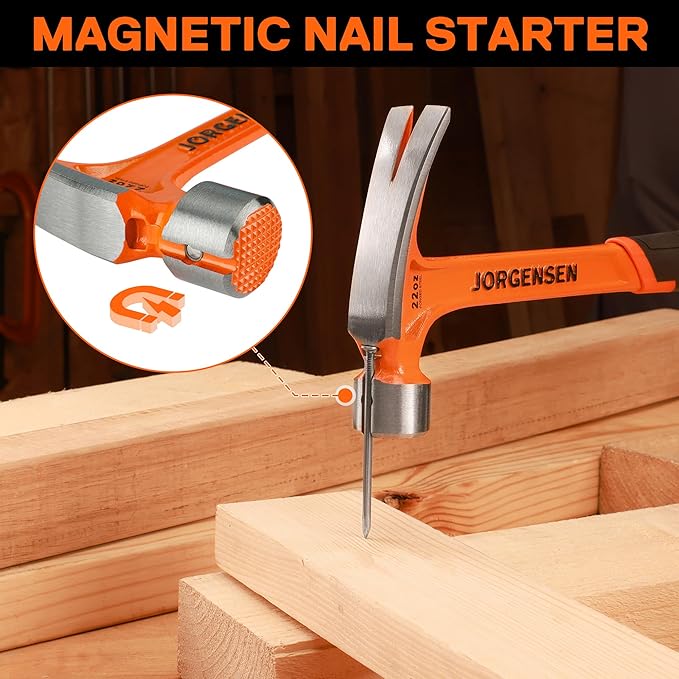 Jorgensen 22 oz Framing Hammer, Straight Claw Hammer with Magnetic Nail Holder, Rip Claw Hammer with Milled Face & Shock Absorbing Grip, Heavy Duty One-piece Forged Hammer