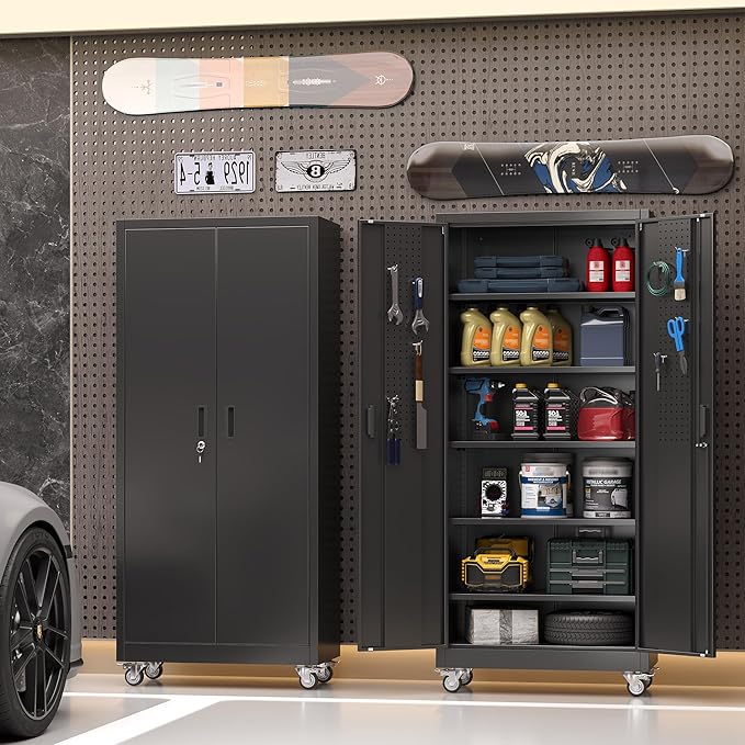 Garage Storage Cabinet with Wheels Pegboard and 5 Adjustable Shelves, 71'' x 32'' x 16''Metal Lockable Cabinet with Magnetic Doors,Tool Storage,Home Office Garage,Gym,School (Black)