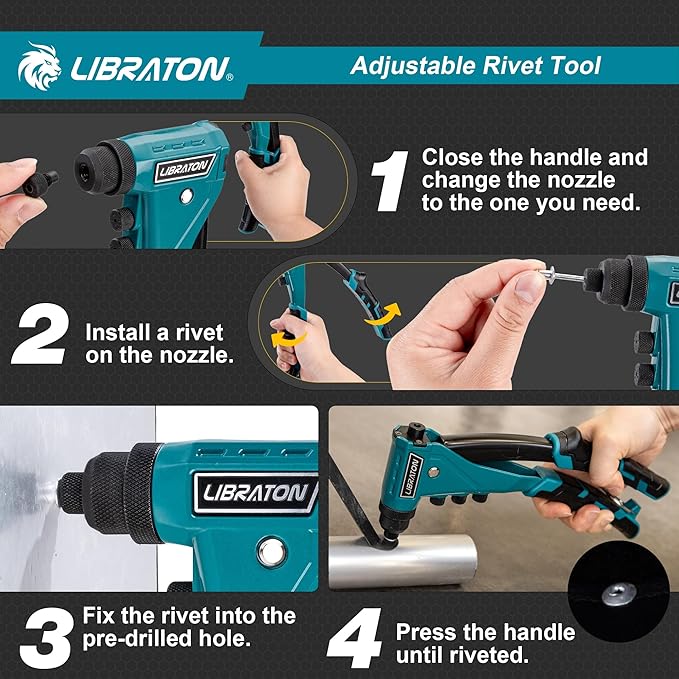 LIBRATON Heavy-Duty Rivet Gun, Pop Rivet Gun Set, Professional Hand Riveter, Manual Riveting Tool with 160 Aluminum Rivets, Includes 4 Drill Bits, 4 Tool-Free Interchangeable Nozzles, Storage Case