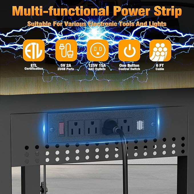 60" Heavy Duty Work Bench with Drawers, Adjustable Height 2000 Lbs Garage Workbench with Pegboard Pad & Power Outlets & Wheels, Mobile Tool Work Table for Workshop Woodworking Home Office