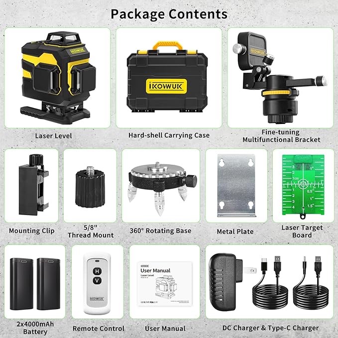 IKOVWUK 4x360° Laser Level Pro Kit, Self-leveling Tool for Construction, Tiling Floor & Picture Hanging, 4D Cross Line Laser Level with Fine-tuning Bracket, 16 Lines Laser level with 2*4000mAh Battery