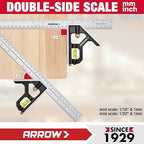 Arrow 7-Inch Aluminum Alloy Carpenter Square and 12-Inch Zinc Alloy Combination Square Set, Woodworking Rafter Layout Ruler Tool Combo