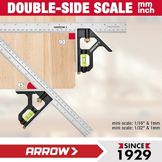 Arrow 7-Inch Aluminum Alloy Carpenter Square and 12-Inch Zinc Alloy Combination Square Set, Woodworking Rafter Layout Ruler Tool Combo