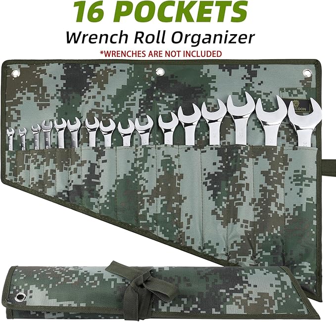 16 Pocket Wrench Roll Organizer, Rolled Tool Pouch Bag with Water Proof Oxford Cloth, Dark Camouflage