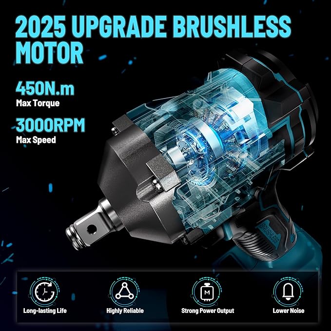 450N.m/332Ft-lbs Brushless Impact Wrench,1/2" Cordless Impact Gun with 4.0Ah Battery & 6 Sockets, Electric Impact Driver for Car/DIY Furniture/Lawn Mower/blue (450N)