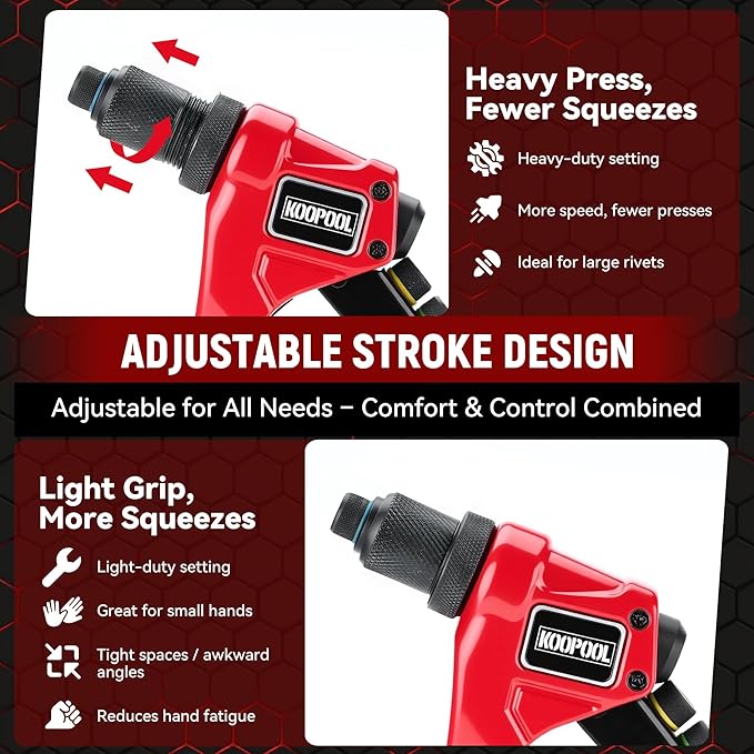 Rivet Gun Kit, Manual Pop Rivet Tool with 200 Rivets and 4 Drill Bits, 4 Tool-Free Interchangeable Rivet Heads, Heavy-Duty Hand Riveter with Sturdy Case for Metal, Plastic, Leather