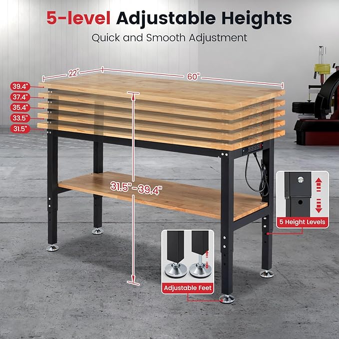 Work Table for Garage 60 x 22 Inch Adjustable Height Workbench Heavy Duty Rubberwood Tabletop Work Bench with Power Outlets Pegboard Pad for Woodworking Shop, Home, Office