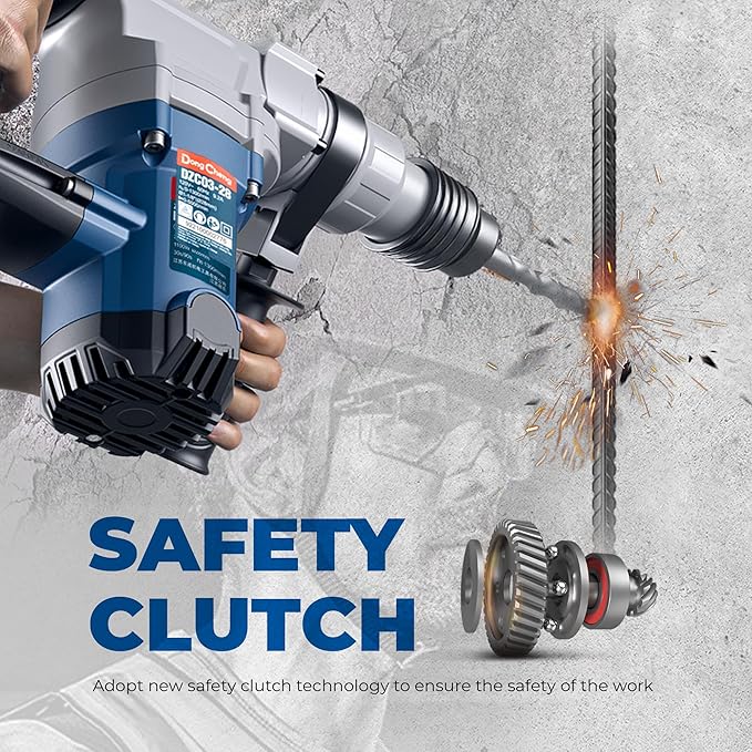Dong Cheng 1-1/8 Inch SDS-Plus Rotary Hammer Drill with Safety Clutch, 9.2 Amp Heavy Duty Corded Demolition Hammer for Concrete, 3.6 Joules, Including 3 Drill Bits, Flat Chisels and Point Chisels