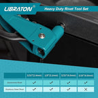 Libraton Heavy Duty Rivet Gun, Pop Rivet Gun Set, Professional Hand Riveter, Manual Riveting Tool with 110Pcs Rivets and 4 Interchangeable Heads, for Metal, Wood and Plastic