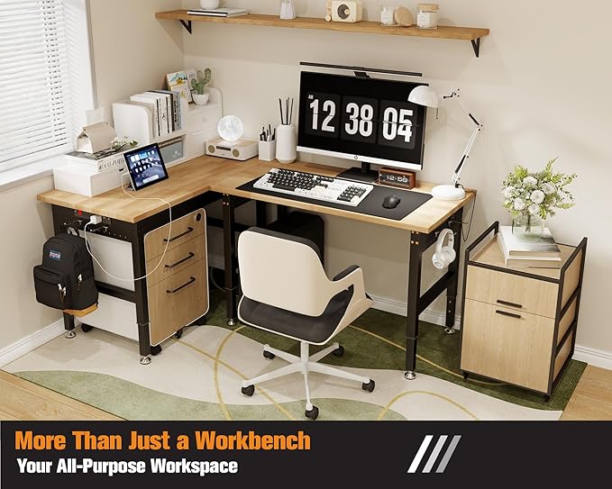 SPECRAFT Adjustable Heavy Duty Workbench with 4 AC Outlet and 2 USB Ports Power Outlets, 2000 Lbs Capacity, Rubber Wood Top for Garage, Workshop, Office