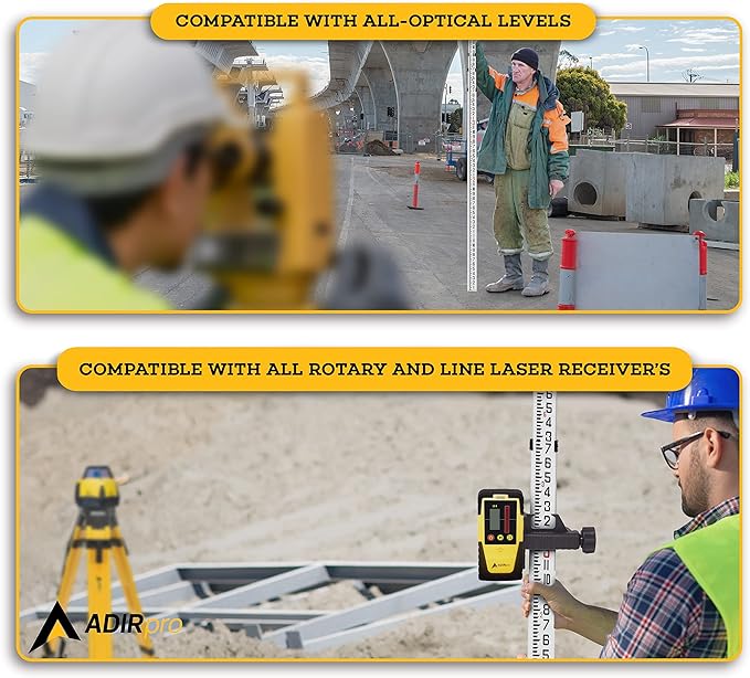 AdirPro 16-Foot Aluminum Grade Rod – 8ths, Dual Sided 5-Section Telescopic Leveling Rod – Bubble Level and Soft Carrying Case Included