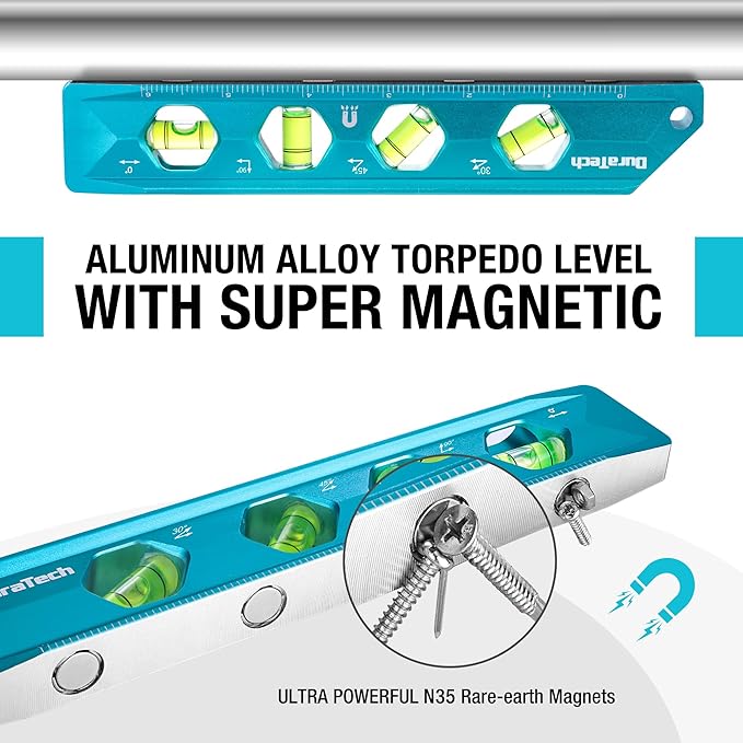 DURATECH 3-Piece Level Tool Set, Magnetic Torpedo Level Included 2.5", 6.25", 8" Leveler with 0°/30°/45°/90° Bubbles, V-Groove, Large Viewing Window, Aluminium Alloy Construction, SAE and Metric Scale