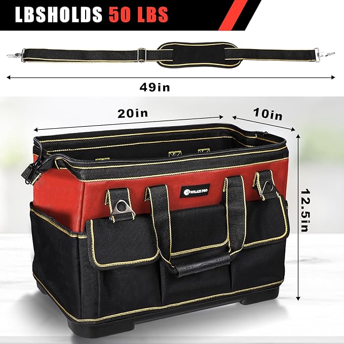 20 in Tool Bag For Men with Waterproof Molded Base, High Capacity Wide Mouth Tote, Construction Worker Electricians Tool Bags, Large Tool Bag Organizer for Men Women (Red)