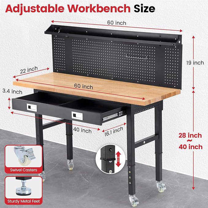 Workbench with Wheels 60 x 22 Inch Heavy Duty Rubber Wood Tabletop Work Bench with Pegboard, Drawers, Power Outlets Adjustable Height Work Table for Woodworking Shop, Home, Office
