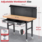 Workbench with Wheels 60 x 22 Inch Heavy Duty Rubber Wood Tabletop Work Bench with Pegboard, Drawers, Power Outlets Adjustable Height Work Table for Woodworking Shop, Home, Office