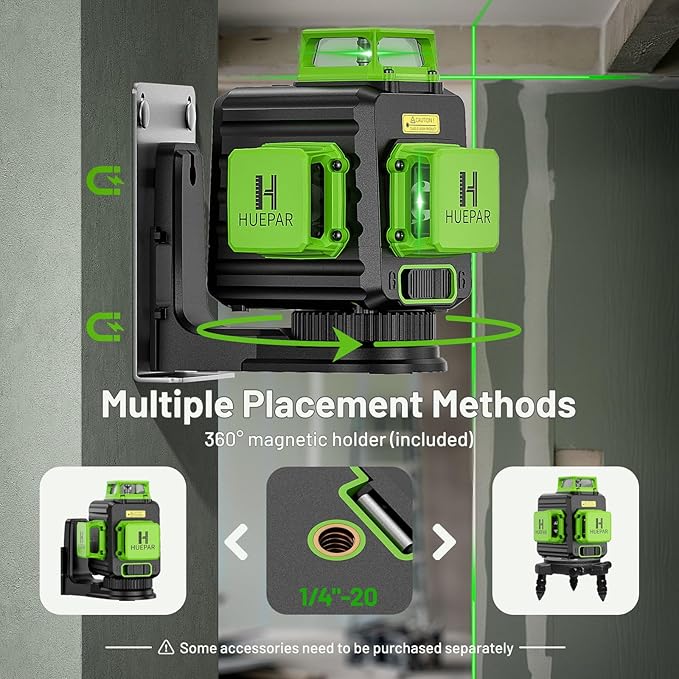 Huepar Laser Level 360 Self Leveling, 3 x 360° High Brightness Cross Line Laser for Construction and Picture Hanging, 12 Green Laser Level Tool with 5200 mAh Rechargeable Battery & Hard Carry Case