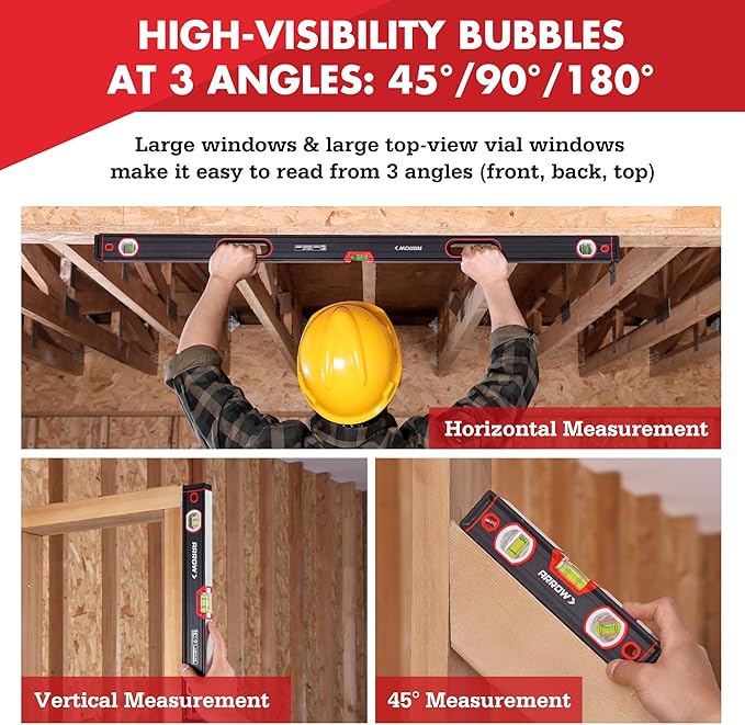 ARROW 3-Piece Spirit Level Set Included 9"/16"/48" Level with 45°/90°/180° Bubbles, Carrying Bag, Aluminum Alloy Body, Precision-Machined Base & Shockproof Rubber End Caps for Construction, Carpentry