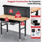 Workbench with Wheels 60 x 22 Inch Heavy Duty Rubber Wood Tabletop Work Bench with Pegboard, Drawers, Power Outlets Adjustable Height Work Table for Woodworking Shop, Home, Office