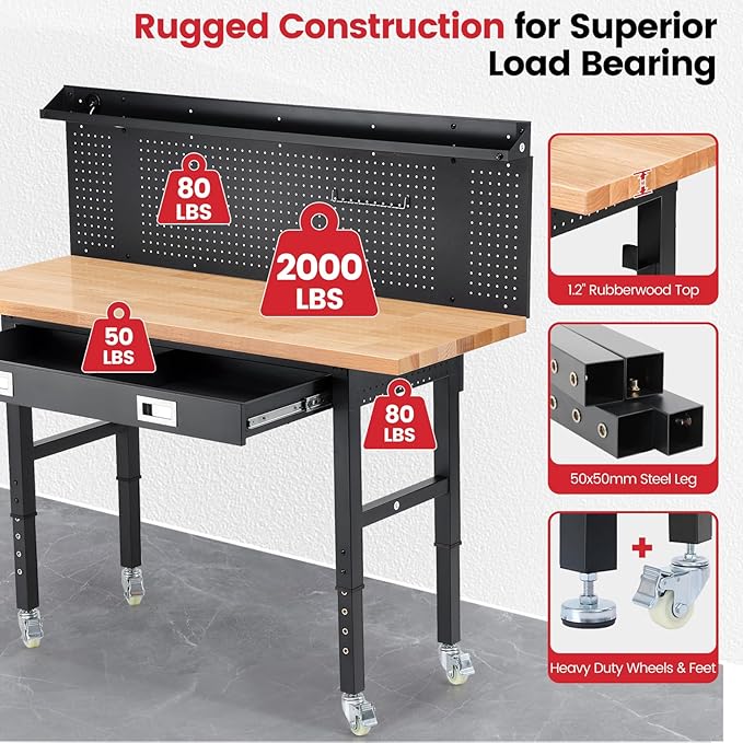 Work Bench with Wheels 60 x 22 Inch Heavy Duty Rubberwood Tabletop Work Table Adjustable Height Garage Workbench with LED, Drawers, Pegboard, Power Outlets for Woodworking Shop, Home, Office