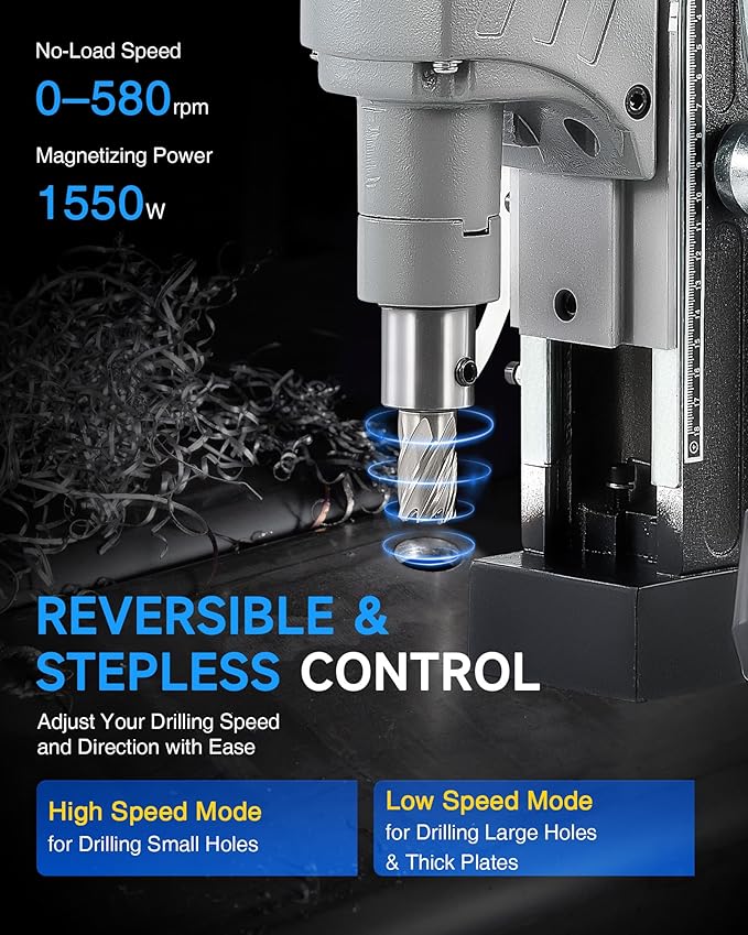 ZELCAN Mag Drill Press with 6 Drill Bits, 1550W Portable Magnetic Press with 2" Boring Diameter, 0-580 rpm Stepless Speed & Reversible Direction, 2922 lbf Power Magnetic