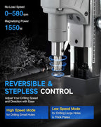 ZELCAN Mag Drill Press with 6 Drill Bits, 1550W Portable Magnetic Press with 2" Boring Diameter, 0-580 rpm Stepless Speed & Reversible Direction, 2922 lbf Power Magnetic