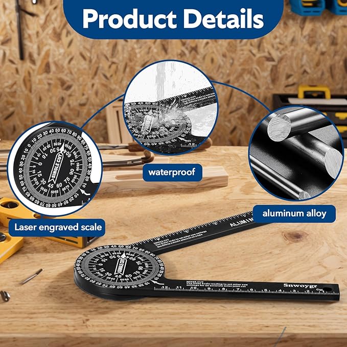 7 Inch Aluminum Miter Saw Protractor, Professional Angle Measuring Tool, Comes with Two Extra Straightedge Protractors for Woodworkers, Builders, Plumbers, Home DIY