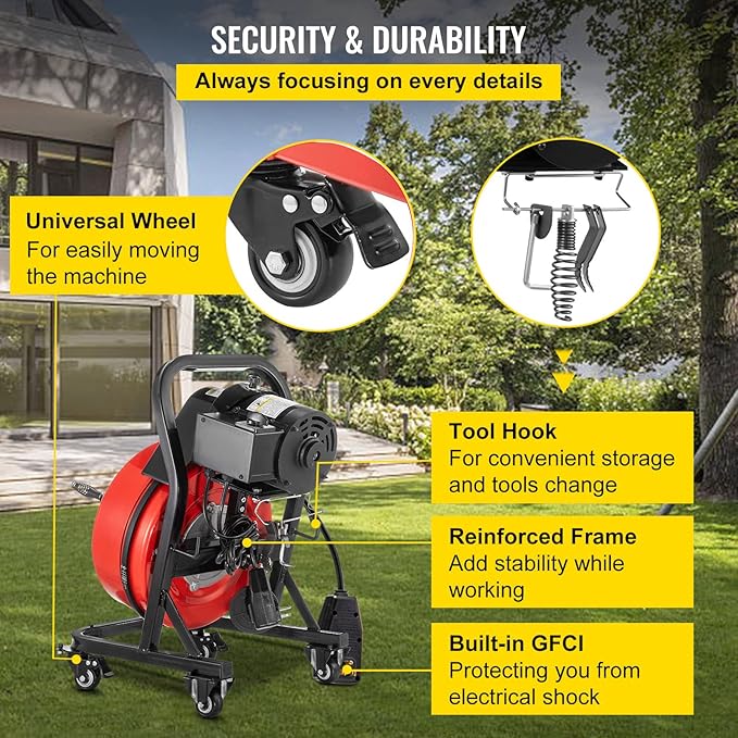 VEVOR 50FT x 1/2Inch Sewer Snake Cleaning Machine on 4 Wheels Electri Drain Auger with 4 Cutters & Foot Switch for 1''-4'' Pipes, Red, Black