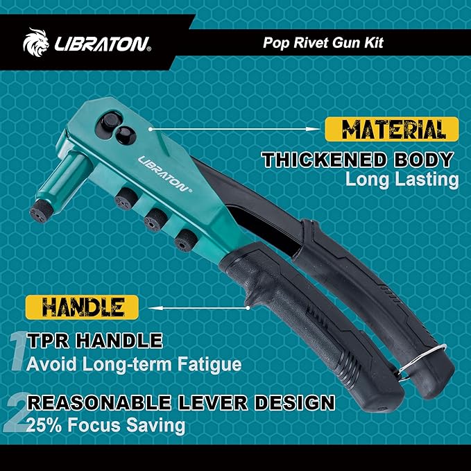 Libraton Rivet Gun Kit, Pop Rivet Gun, Heavy Duty Rivet Tool, Professional Hand Riveter, Manual Riveting Tool with 120 Blind Rivets, 4 HSS Drill Bits, 4 Tool-free Interchangeable Heads