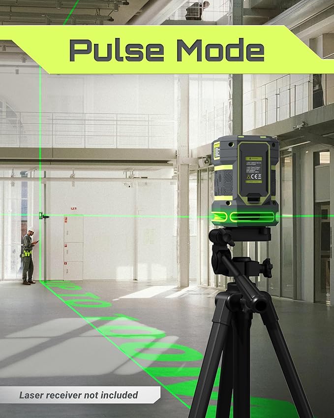 Green Laser Level Self Leveling, 360° Horizontal Laser with Vertical Laser Line, 4 Brightness Levels Pulse Mode for Floor Tile Wall Construction, L-Bracket, Batteries and Carry Bag Included