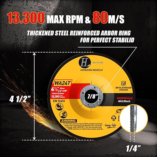 4-1/2 inch Grinding Wheels for General Purpose Metal & Stainless Steel, Aluminum Oxide Grinding Disc for Angle Grinder 4.5'' x 1/4'' x 7/8'' (25 Pack)