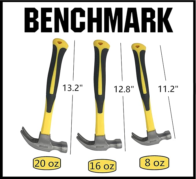3 Pack of Claw Hammers (20 oz, 16 oz, 8 oz) with Sure-Grip Fiberglass Handles and Polished Steel Head