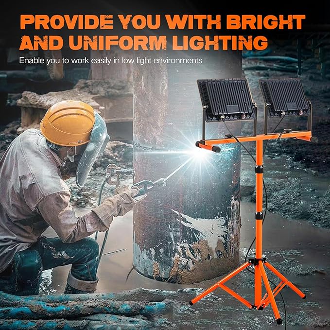 21000 Lumen Work Lights with Stand, 3 Adjustable Head LED Work Light, with Adjustable and Foldable Tripod Stand, Waterproof Lamp with Individual Switch with 6500 Kelvin Color (2-Head-Orange)