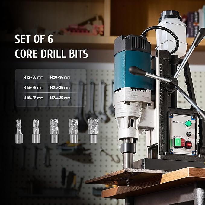 ZELCAN 1200W Mag Drill Press, Portable Magnetic Drill Press with 2" Boring Diameter, Heavy Duty Magnetic Drill with 6 Drill Bits, 2920 lbf 500 rpm Electric Drilling Machine with All-Copper Motor