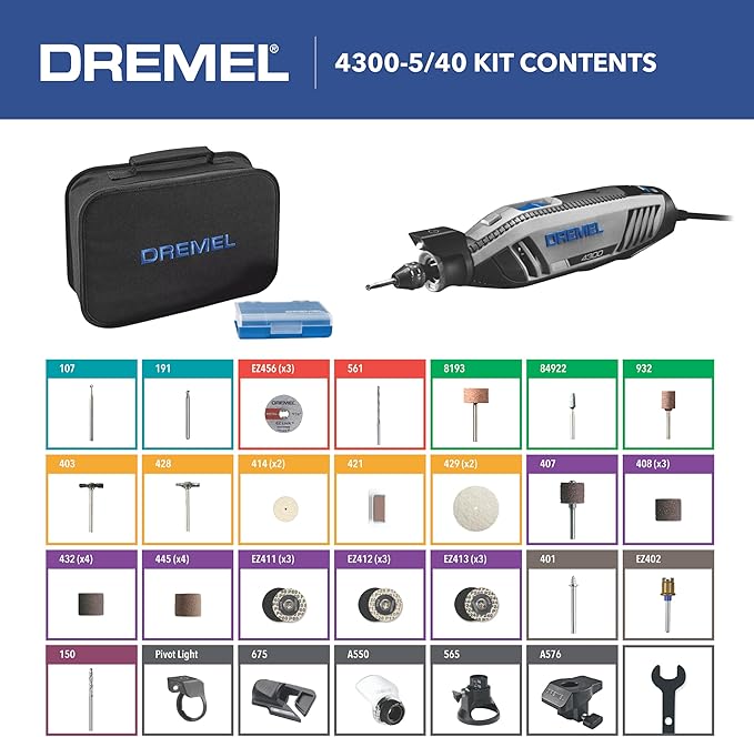 Dremel 4300-5/40 High Performance Rotary Tool Kit with LED Light- 5 Attachments & 40 Accessories - Ideal for Grinding, Cutting, Wood Carving, Sanding, and Engraving