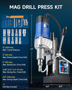 ZELCAN Mag Drill Press with 11 Pcs Bits, 1550W Portable Magnetic Drill Press with 2" Boring Diameter, 0-580 rpm Stepless Speed & Reversible Direction, 2922 lbf Power Magnetic for Metal Surface