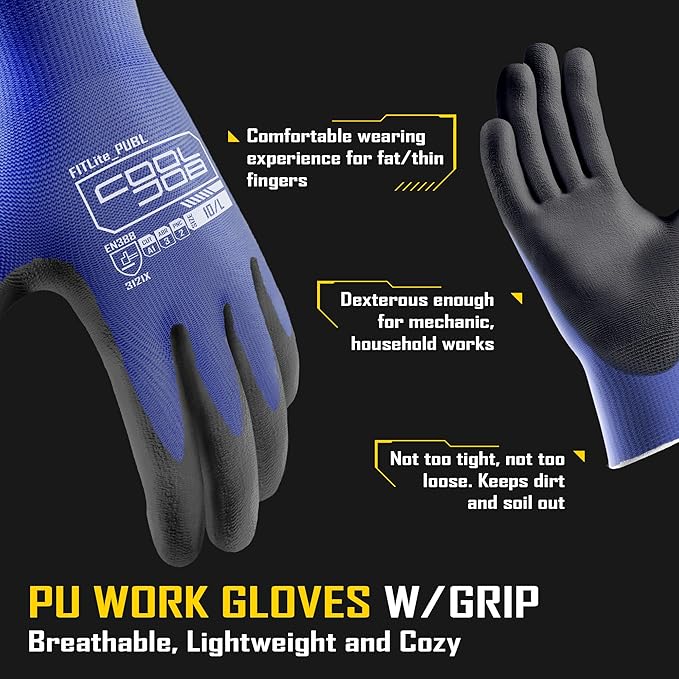 COOLJOB 12/60 Pairs Safety Work Gloves Pack Bulk with Grip PU Coating, 13 Gauge Seamless Knit Gloves with Polyurethane Dipped for Warehouse Working, Breathable Lightweight for Men Women, Blue Small