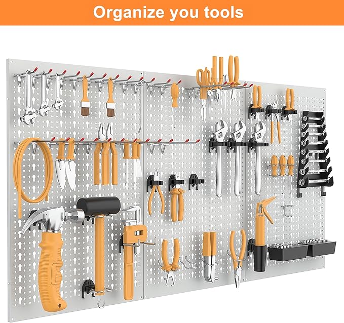 WALMANN Metal Pegboard Tool Organizer Boards with Pegboard Hooks, 24x48in Tools Organizer Pegboard for Garage, Workbench, Peg Board, Tool Storage Board with Hooks(Grey)