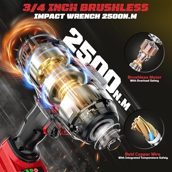 Cordless Impact Wrench 3/4 inch Compatible with Milwaukee Battery, 1850ft-lbs (2500N.m) Brushless Electric Impact Gun, High Torque Impact Driver, Bare Tool Only，Heavy-Duty Automotive &Industrial Tasks