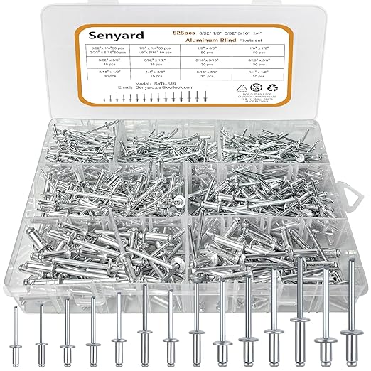 525 Pcs pop Rivets, Pop Rivets Assortment Kit, Aluminum Rivets kit, Pop Rivet Set Including (3/32" 1/8" 5/32" 3/16" 1/4"), Assorted Blind Rivets for Metal Dome Head Rivet kit