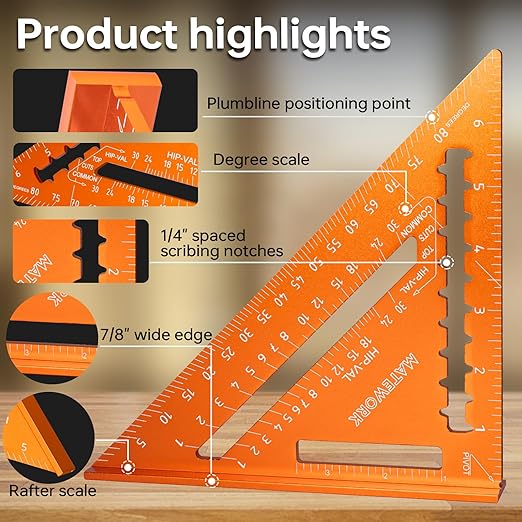 Carpenter Square 7 Inch, Rafter Square for Angle Drawing, Measuring Square Tool, Framing Square Layout Aluminum Tool for Woodworking and Carpentry