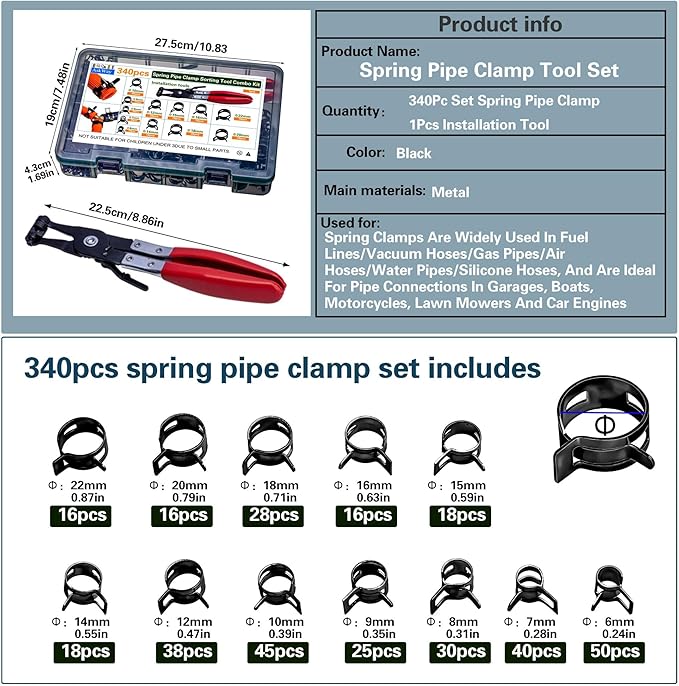 340pcs Spring Pipe Clamps, With Spring Pipe Clamp Tools, 12 Sizes 6-22mm Spring Hose Clamps, Used To Fix Hose Interfaces In Automotive, Marine, Gardening, Industrial Applications