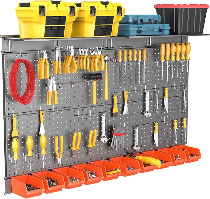 TORACK Metal Pegboard with Peg Board Hooks, Tools Storage Pegboard with Pegboard Hooks, Wall Mounted Storage Bins, Shelves, Tool Organizer Board with Pegs(Black)