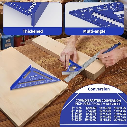 Square Combination Woodworking Tools, 7inch Carpenter Square Wood Working Tools and Accessories, 12inch Square Ruler, Includes Small Bubble Level, Protractor Angle Ruler Carpentry Tool