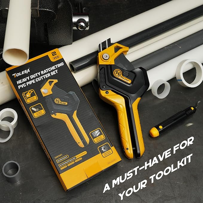 TOLESA PVC Pipe Cutter Up to 2-1/2”, 3-Gear Adjustable Ratchet Pipe Cutter Tool Heavy-Duty for PVC, PPR, PE, PEX, ABS, Plastic Hoses