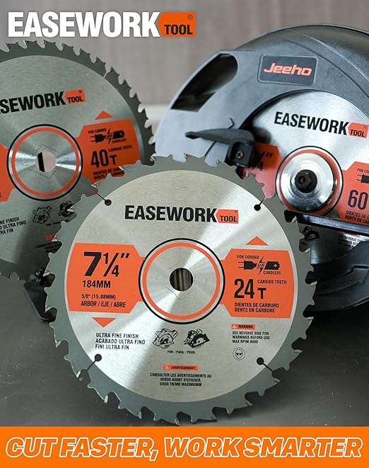 EASEWORK 7-1/4 Inch Circular Saw Blade, 24T, 40T, 60T, 5/8" Arbor, ATB Carbide Teeth, 3-Pack, Ideal for Softwood & Hardwood Crosscutting, Fits DEWALT DCS570B, DCS577B, DWA171424, Diablo D0740A