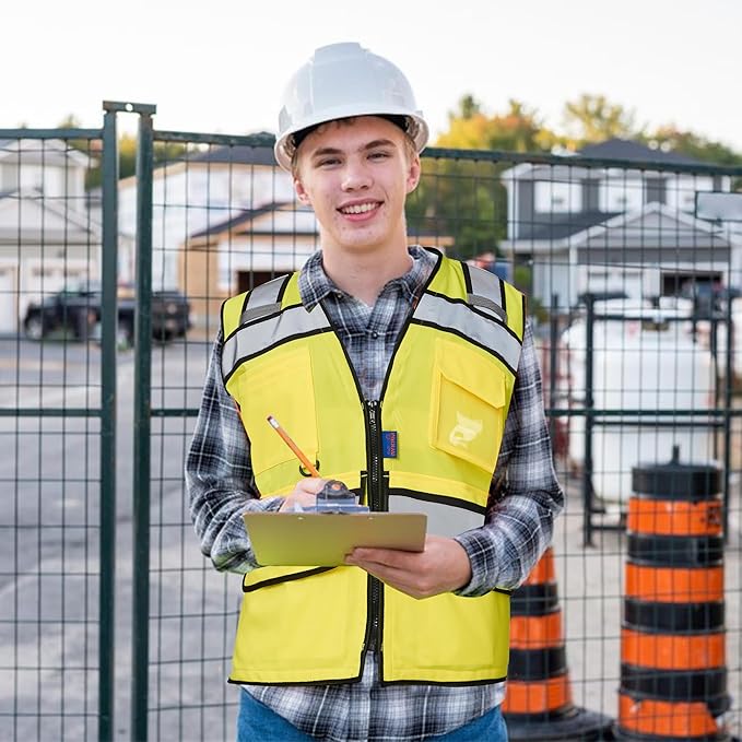 A-SAFETY High Vis Reflective Safety Vest for Men Women Zipper Ipad Pockets Mesh Construction Apparel Neon Vest for Work