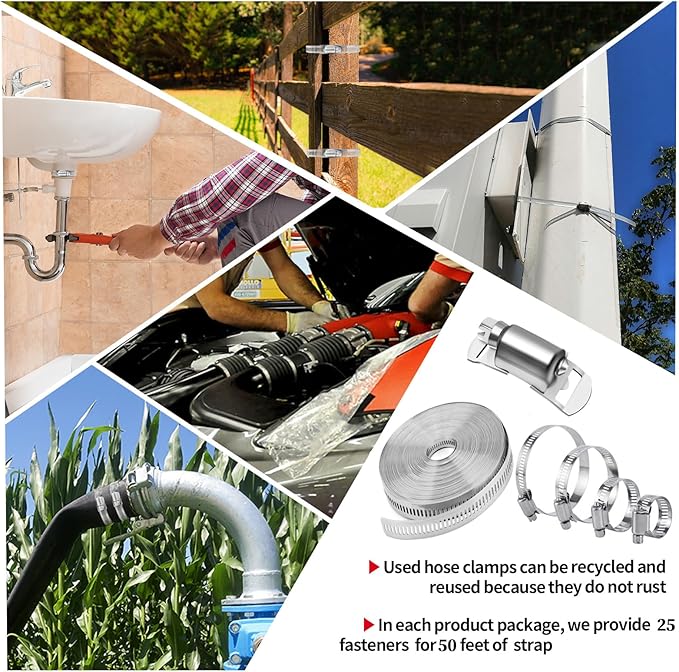 Hose Clamps 50FT Strap+25 Fasteners,DIY Cut-To-Fit 304 Stainless Steel Adjustable Large Worm Gear Band Clamp Assortment Kit,Metal Screw Fasteners and Strapping for Pipe,Duct,Pole,Tube