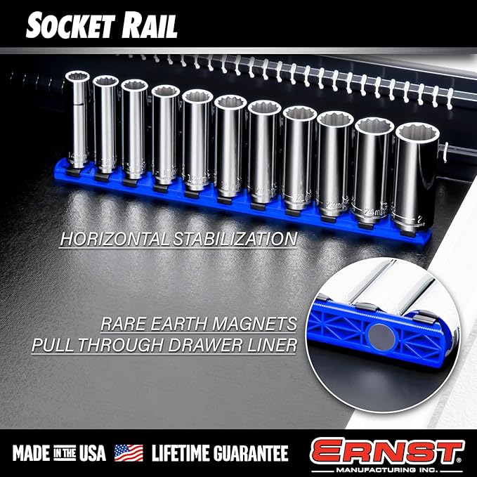 Ernst Manufacturing 8-Inch Magnetic Socket Organizer with 9 3/8-Inch Twist Lock Clips, Black (8427M-Black-3/8)