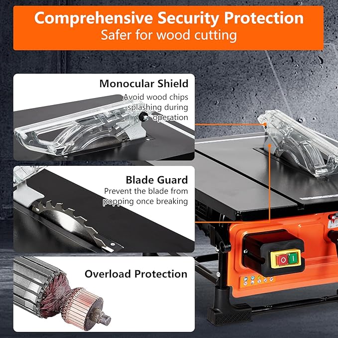 8-inch Table Saw for Jobsite, 6.7-Amp Copper Motor, Cutting Speed up to 3576RPM, 24T Blade, Compact Portable Table Saw Kit, with Sliding Miter Gauge DIY Woodworking and Furniture Making, Orange