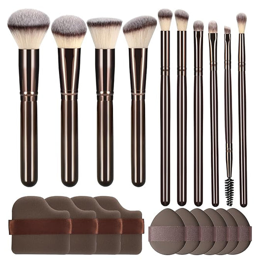 10 Piece Black brown Makeup Brushes and 10 Piece Makeup Sponge – Wooden Handle,with Soft Synthetic Bristles,|Professional Makeup Brushes set for Women & Girls|-VeraVaultWomen